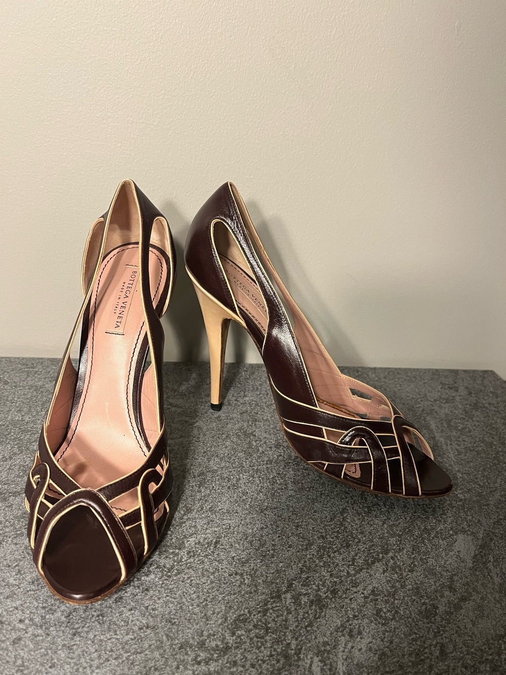 Bottega Veneta Dark Brown Leather Peep-Toe Pumps with Gold Trim